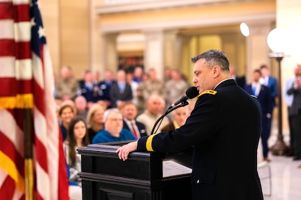 Maj. Gen. Thomas H. Mancino, adjutant general for Oklahoma, speaks during his promotion ceremony held at the Oklahoma State Capitol in Oklahoma City, Jan. 3, 2023. Mancino pinned his second star, officially reaching the highest rank one can achieve with the Oklahoma National Guard. (Oklahoma National Guard photo by Sgt. 1st Class Mireille Merilice-Roberts)