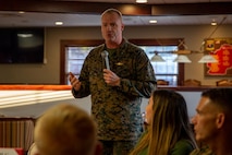 U.S. Marine Corps Brig. Gen. Michael E. McWilliams, commanding general of 2nd Marine Logistics Group, gives his remarks during a breakfast with local media outlets at the Paradise Point Officers Club on Marine Corps Base Camp Lejeune, North Carolina, Dec. 13, 2022. The breakfast provided an opportunity for local media to engage in conversations with leaders across Marine Corps Installations East in order to strengthen and build relationships in the local community. (U.S. Marine Corps photo by Cpl. Alexis Sanchez)