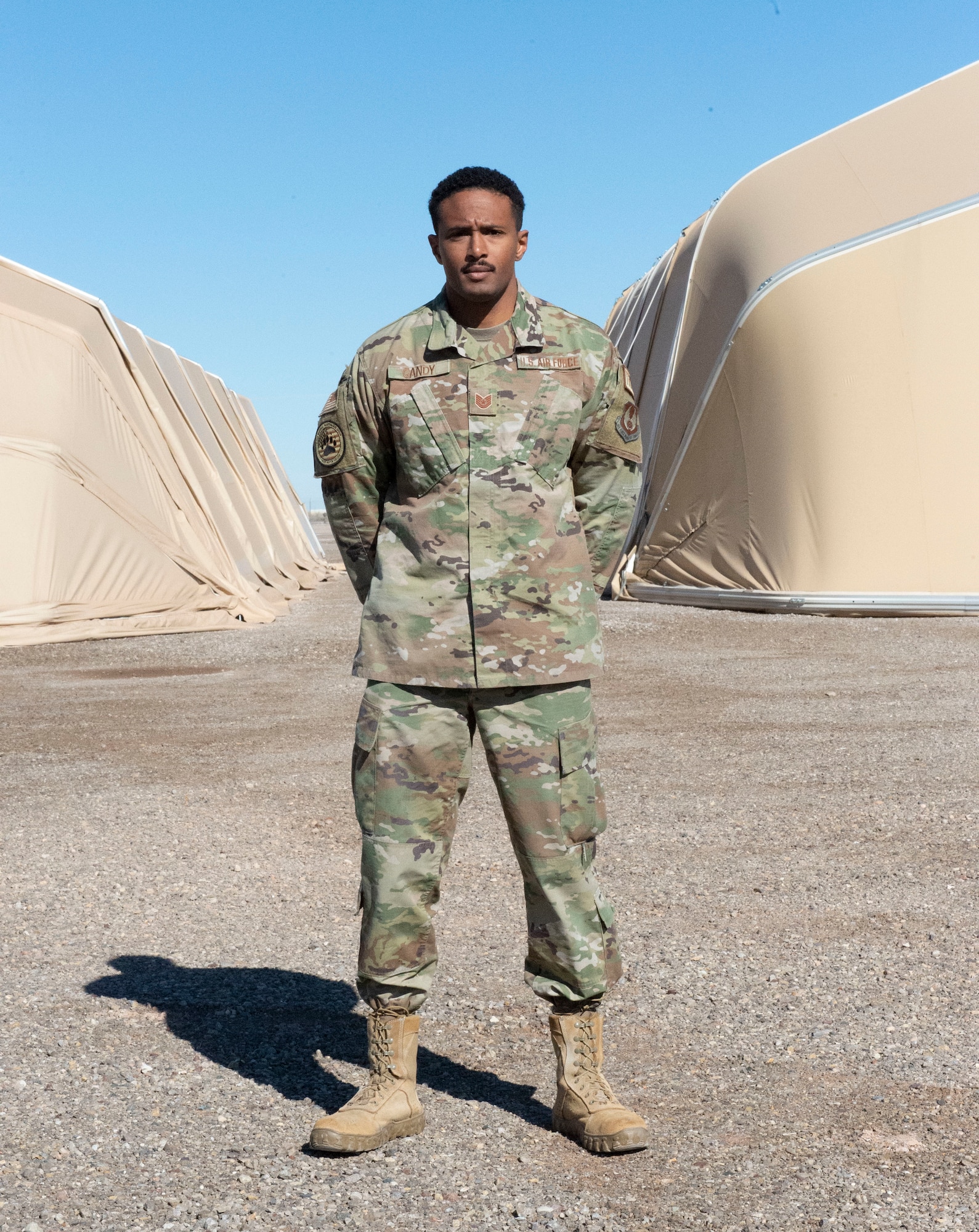 Tech. Sgt. Zachariah Gandy, 635th Materiel Maintenance Squadron contingency trainer, poses for a portrait Feb. 10, 2022, on Holloman Air Force Base, New Mexico. As a contingency trainer, Gandy serves as the facilitator in training others on how to build, maintain and demolish shelters for the U.S. Air Force’s only Basic Expeditionary Airfield Resources Base. Gandy sites diversity as a key player in getting the mission accomplished, “Diversity is the backbone of the Air Force. Without diversity, we’re stagnant.” (U.S. Air Force photo by Airman 1st Class Nicholas Paczkowski)