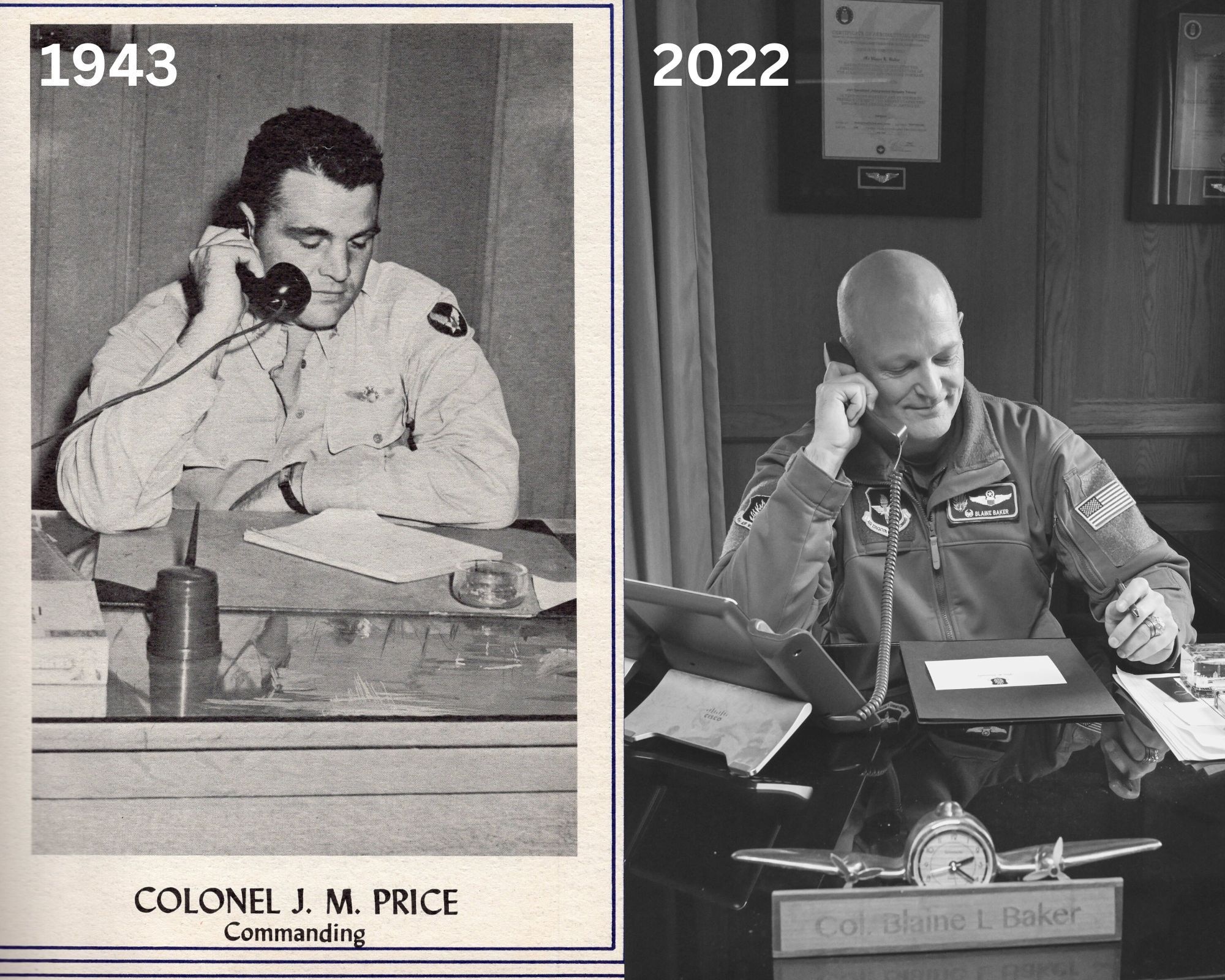U.S. Air Force Col. John M. Price (left), commanding officer of Altus Army Airfield, and Col. Blaine Baker, 97th Air Mobility Wing commander, talk on phones in their offices at Altus Air Force Base (AAFB), Oklahoma, 79 years apart. Throughout its 80 years, AAFB Airmen have welcomed 45 installation commanders, operated 23 different airframes, and aligned under six different major commands. (U.S. Air Force illustration by Senior Airman Trenton Jancze)