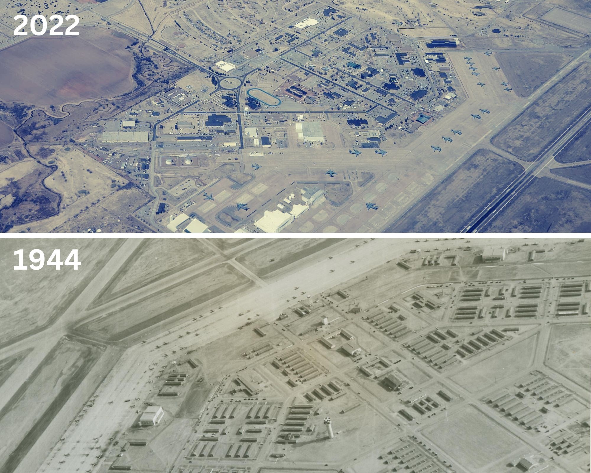 An overhead view of Altus Air Force Base, Oklahoma, 78 years apart. The construction of Altus Army Airfield began in the Spring of 1942, eventually opening Jan. 1, 1943. (U.S. Air Force illustration by Senior Airman Trenton Jancze)
