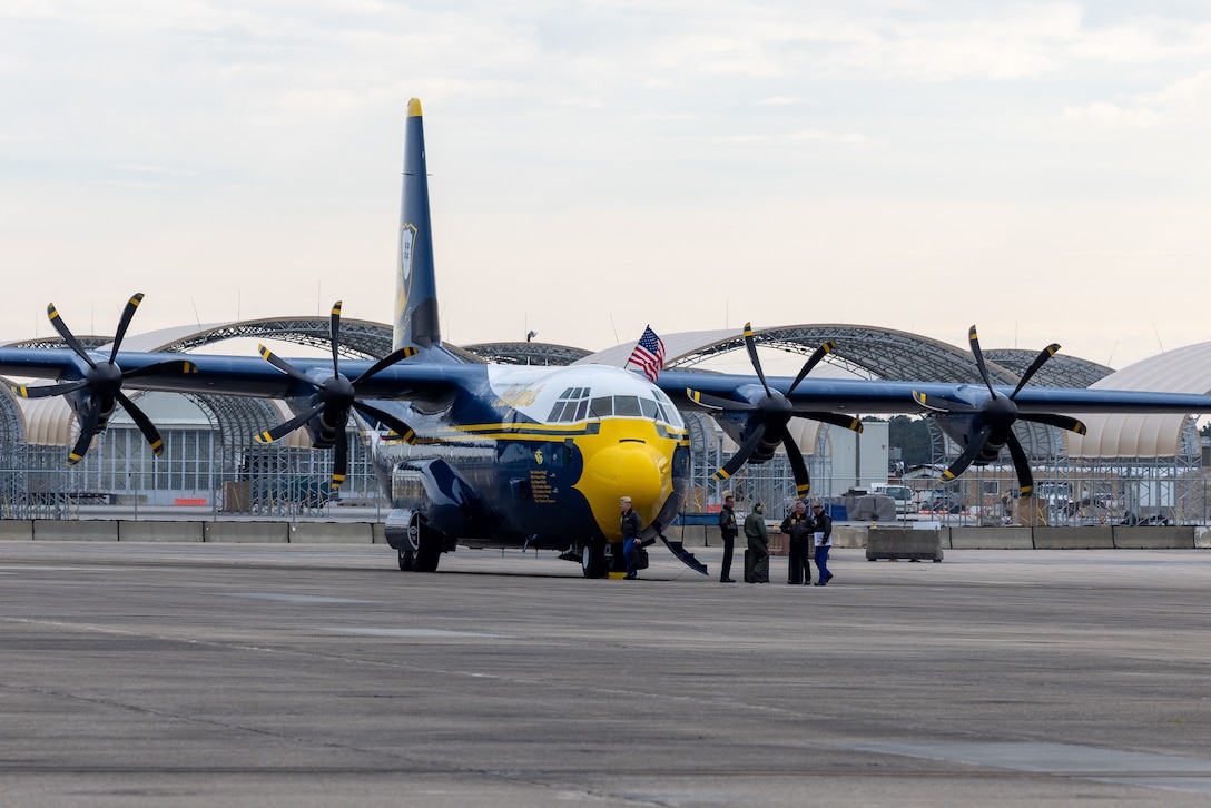 Fat Albert, the U.S Navy Blue Angels’ C-130J Super Hercules, parks at Marine Corps Air Station (MCAS) Cherry Point, Dec. 20, 2022. The crew visited MCAS Cherry Point in order to conduct routine operations. MCAS Cherry Point looks forward to hosting the Blue Angels when they return for the May 11-12, 2024 air show. (U.S Marine Corps photo by Lance Cpl. Matthew Williams)