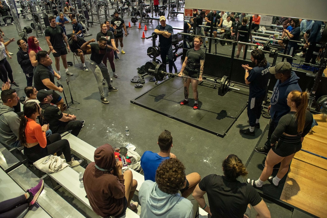 Staff Sgt. Shelby McDowell, Airman Leadership School instructor, performs the deadlift portion of the powerlifting competition Dec. 10, 2022, at Wright Field Fitness Center on Wright-Patterson Air Force Base, Ohio. McDowell placed second in the women’s category. (U.S. Air Force photo by Staff Sgt. Mikaley Kline)