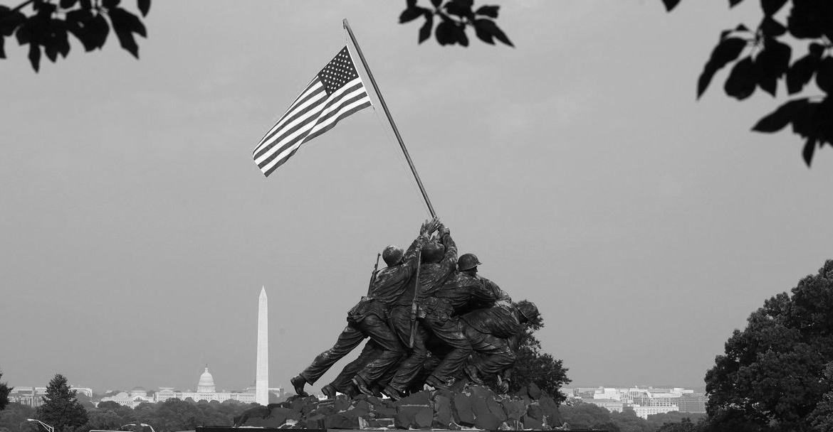 The iconic statue of the flag raising on the island of Iwo Jima.