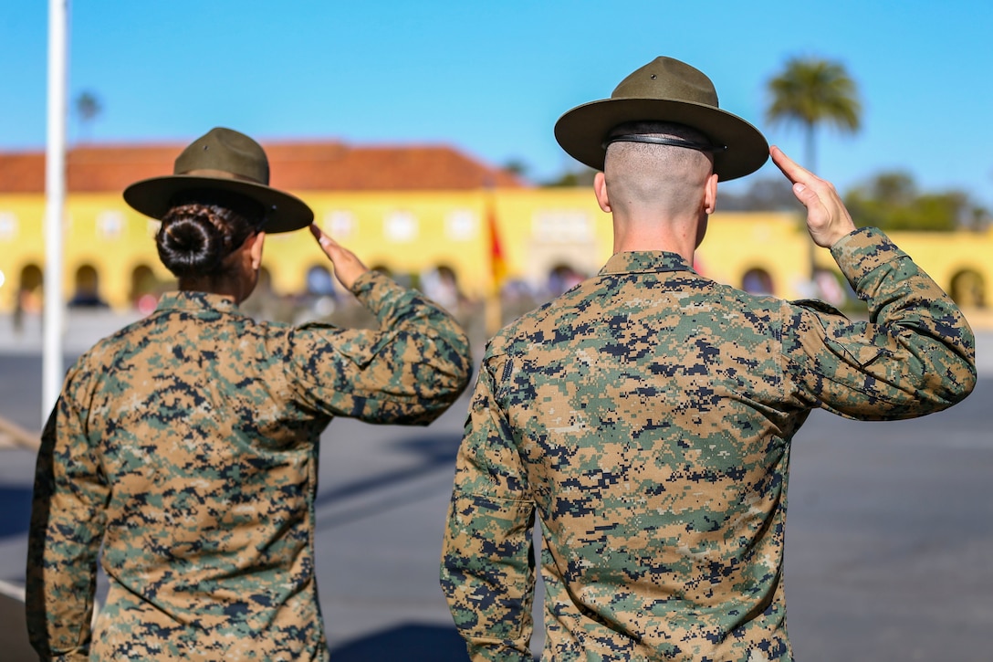 Two Marines with their backs to the camera render salutes.