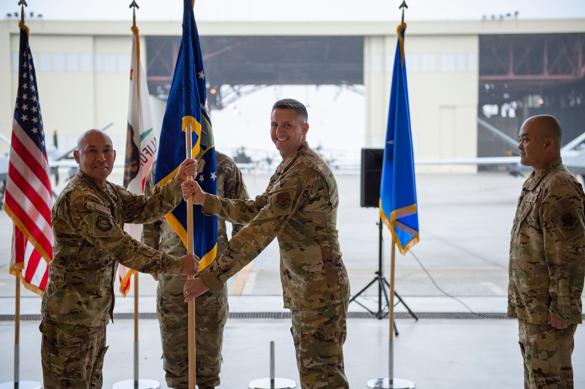 March Air Reserve Base Airmen with the California Air National Guard host a Change of Command ceremony for incoming 163d Attack Wing Commander Col. Clark Bramante at March ARB, Oct. 16, 2022. A Change of command is a military tradition that represents a formal transfer of authority and responsibility for a unit to a commanding officer. The mission of the 163d ATKW is to provide dedicated, disciplined, and diverse guardsmen ready to defend California, the nation and local communities from any threats that compromise the safety, security and well-being of citizens and allies. (U.S. Air National Guard photo by Staff Sgt. Javier Alvarez)