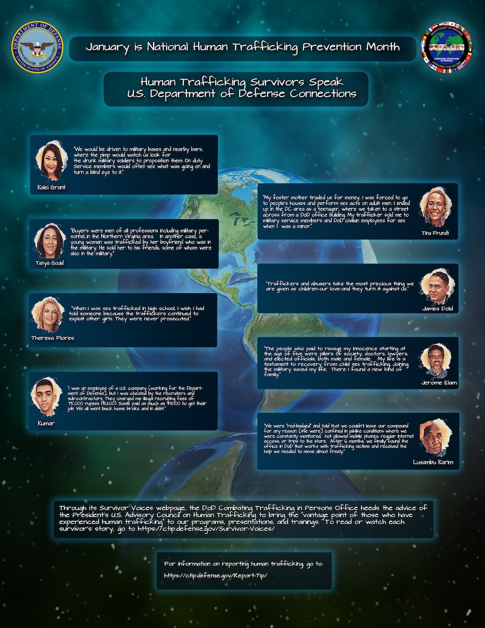 Infographic displaying Images of eight human trafficking survivors sharing their experiences in front of a painted earth in space.