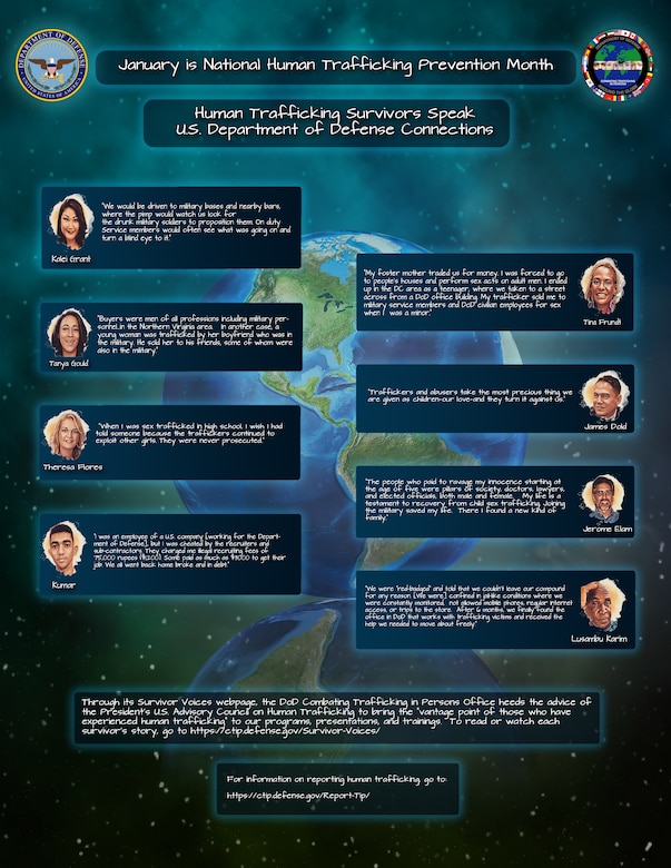 Infographic displaying Images of eight human trafficking survivors sharing their experiences in front of a painted earth in space.