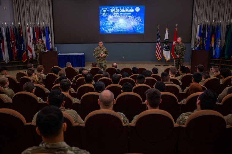U.S. Army Gen. James Dickinson, United States Space Command (USSPACECOM) commander, middle, and U.S. Marine Corps Master Gunnery Sgt. Scott Stalker, USSPACECOM command senior enlisted leader, right, speak to members of the 533rd Training Squadron (533 TRS) at the Space Delta 1 auditorium on Vandenberg Space Force Base, Calif., Jan. 5, 2023. The 533 TRS provides the technical training for space operators going into the U.S. Space Force and is a pipeline into three Space Force Warfighter areas of expertise – Orbital Warfare, Space Battle Management and Electronic Warfare. USSPACECOM conducts operations in, from, and to space to deter conflict, and if necessary, defeat aggression, deliver space combat power for the Joint and Combined force, and defend U.S. vital interests with allies and partners. (U.S. Space Force photo by Tech. Sgt. Luke Kitterman)