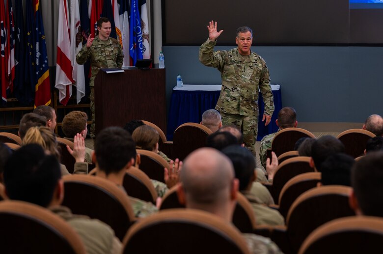 U.S. Army Gen. James Dickinson, United States Space Command (USSPACECOM) commander, speaks to members of the 533rd Training Squadron (533 TRS) at the Space Delta 1 auditorium on Vandenberg Space Force Base, Calif., Jan. 5, 2023. The 533 TRS provides the technical training for space operators going into the U.S. Space Force and is a pipeline into three Space Force Warfighter areas of expertise – Orbital Warfare, Space Battle Management and Electronic Warfare. USSPACECOM conducts operations in, from, and to space to deter conflict, and if necessary, defeat aggression, deliver space combat power for the Joint and Combined force, and defend U.S. vital interests with allies and partners. (U.S. Space Force photo by Tech. Sgt. Luke Kitterman)