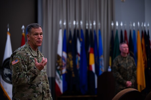 U.S. Army Gen. James Dickinson, United States Space Command (USSPACECOM) commander, speaks to members of the 533rd Training Squadron at the Space Delta 1 auditorium on Vandenberg Space Force Base, Calif., Jan. 5, 2023. The 533 TRS provides the technical training for space operators going into the U.S. Space Force and is a pipeline into three Space Force Warfighter areas of expertise – Orbital Warfare, Space Battle Management and Electronic Warfare. USSPACECOM conducts operations in, from, and to space to deter conflict, and if necessary, defeat aggression, deliver space combat power for the Joint and Combined force, and defend U.S. vital interests with allies and partners. (U.S. Space Force photo by Tech. Sgt. Luke Kitterman)
