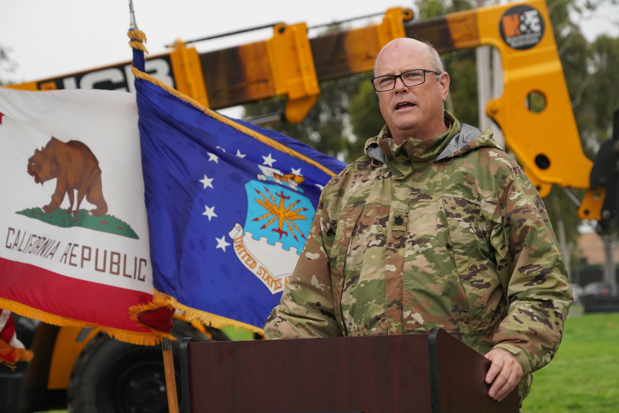 U.S. Air National Guard Lt. Col. John Love, a religious affairs chaplain assigned with the 146th Airlift Wing, delivers an invocation prayer during a groundbreaking ceremony celebrating the beginning phases of construction for the wing's new C-130J simulator at the Channel Islands Air National Guard Station, Port Hueneme, California, Jan. 5, 2023. The new simulator or Weapons System Trainer Reconfigurable C-130J flight simulator (also known as WST 12R) will showcase a myriad of capabilities that will separate it from other simulators across the United States. (U.S. Air National Guard photo by Staff Sgt. Michelle Ulber)