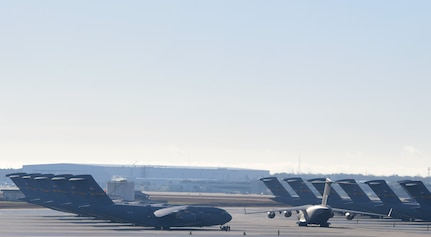 An aircraft taxis before to take off.