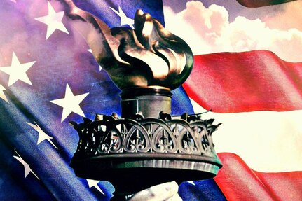 Illustration of torch with American flag behind it.