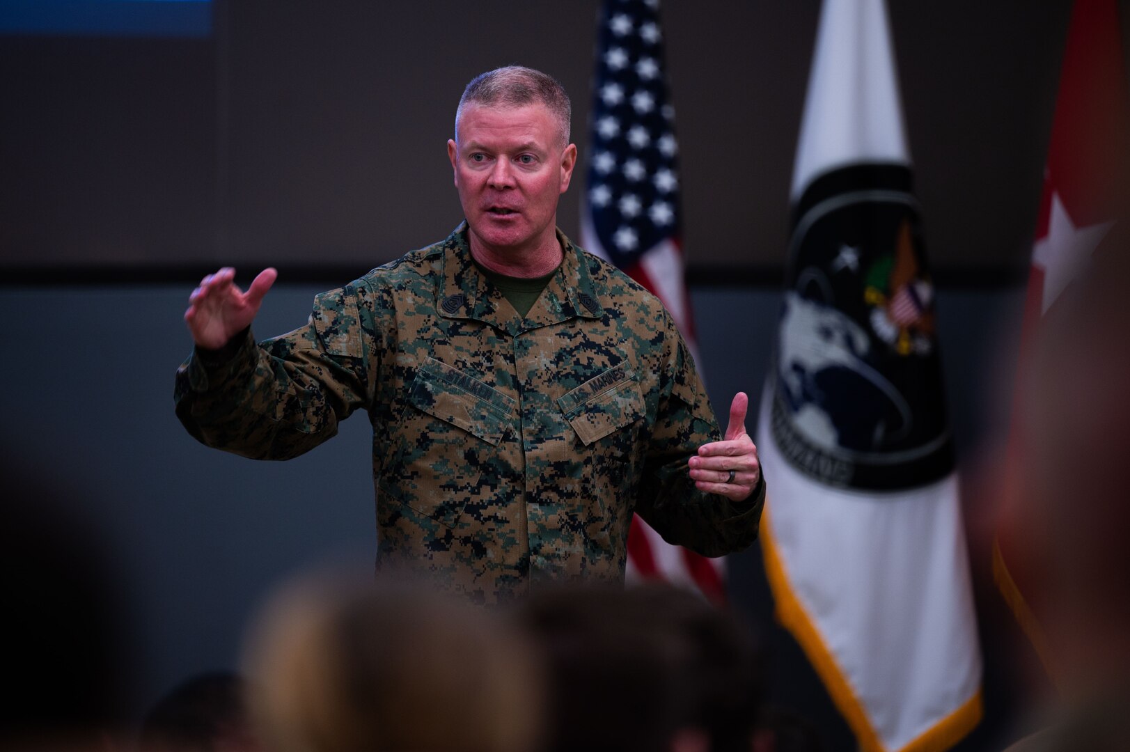 U.S. Marine Corps Master Gunnery Sgt. Scott Stalker, United States Space Command command senior enlisted leader, speaks to members of the 533rd Training Squadron at the Space Delta 1 auditorium on Vandenberg Space Force Base, Calif., Jan. 5, 2023. The 533 TRS provides the technical training for space operators going into the U.S. Space Force and is a pipeline into three Space Force Warfighter areas of expertise – Orbital Warfare, Space Battle Management and Electronic Warfare. USSPACECOM conducts operations in, from, and to space to deter conflict, and if necessary, defeat aggression, deliver space combat power for the Joint and Combined force, and defend U.S. vital interests with allies and partners. (U.S. Space Force photo by Tech. Sgt. Luke Kitterman)