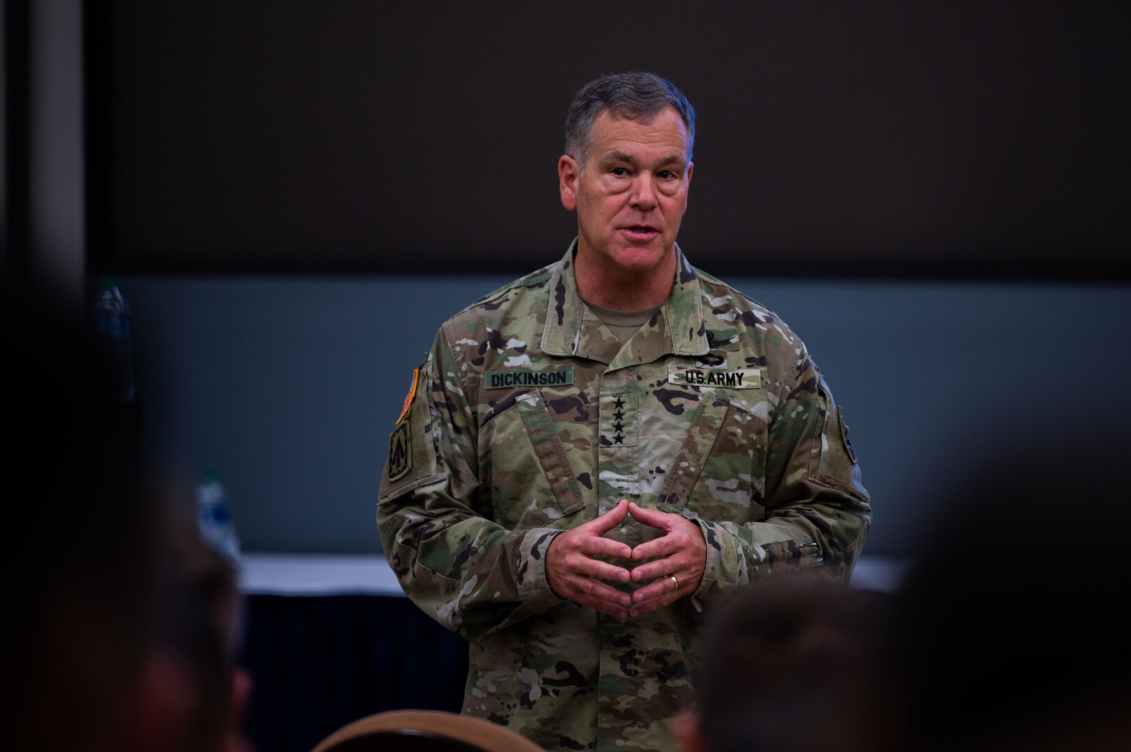 U.S. Army Gen. James Dickinson, United States Space Command (USSPACECOM) commander, speaks to members of the 533rd Training Squadron (533 TRS) at the Space Delta 1 auditorium on Vandenberg Space Force Base, Calif., Jan. 5, 2023. The 533 TRS provides the technical training for space operators going into the U.S. Space Force and is a pipeline into three Space Force Warfighter areas of expertise – Orbital Warfare, Space Battle Management and Electronic Warfare. USSPACECOM conducts operations in, from, and to space to deter conflict, and if necessary, defeat aggression, deliver space combat power for the Joint and Combined force, and defend U.S. vital interests with allies and partners. (U.S. Space Force photo by Tech. Sgt. Luke Kitterman)