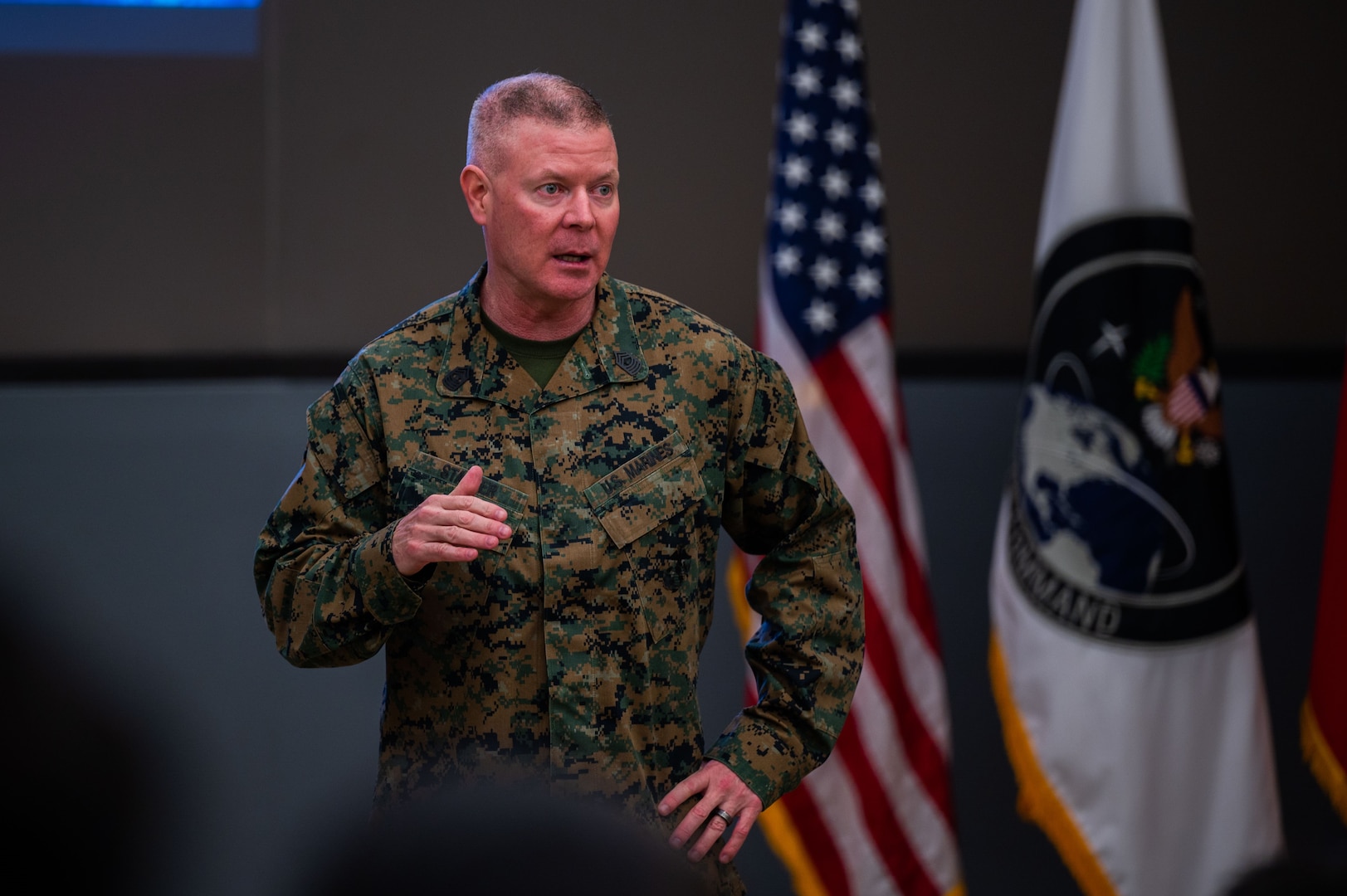 U.S. Marine Corps Master Gunnery Sgt. Scott Stalker, United States Space Command command senior enlisted leader, speaks to members of the 533rd Training Squadron at the Space Delta 1 auditorium on Vandenberg Space Force Base, Calif., Jan. 5, 2023. The 533 TRS provides the technical training for space operators going into the U.S. Space Force and is a pipeline into three Space Force Warfighter areas of expertise – Orbital Warfare, Space Battle Management and Electronic Warfare. USSPACECOM conducts operations in, from, and to space to deter conflict, and if necessary, defeat aggression, deliver space combat power for the Joint and Combined force, and defend U.S. vital interests with allies and partners. (U.S. Space Force photo by Tech. Sgt. Luke Kitterman)