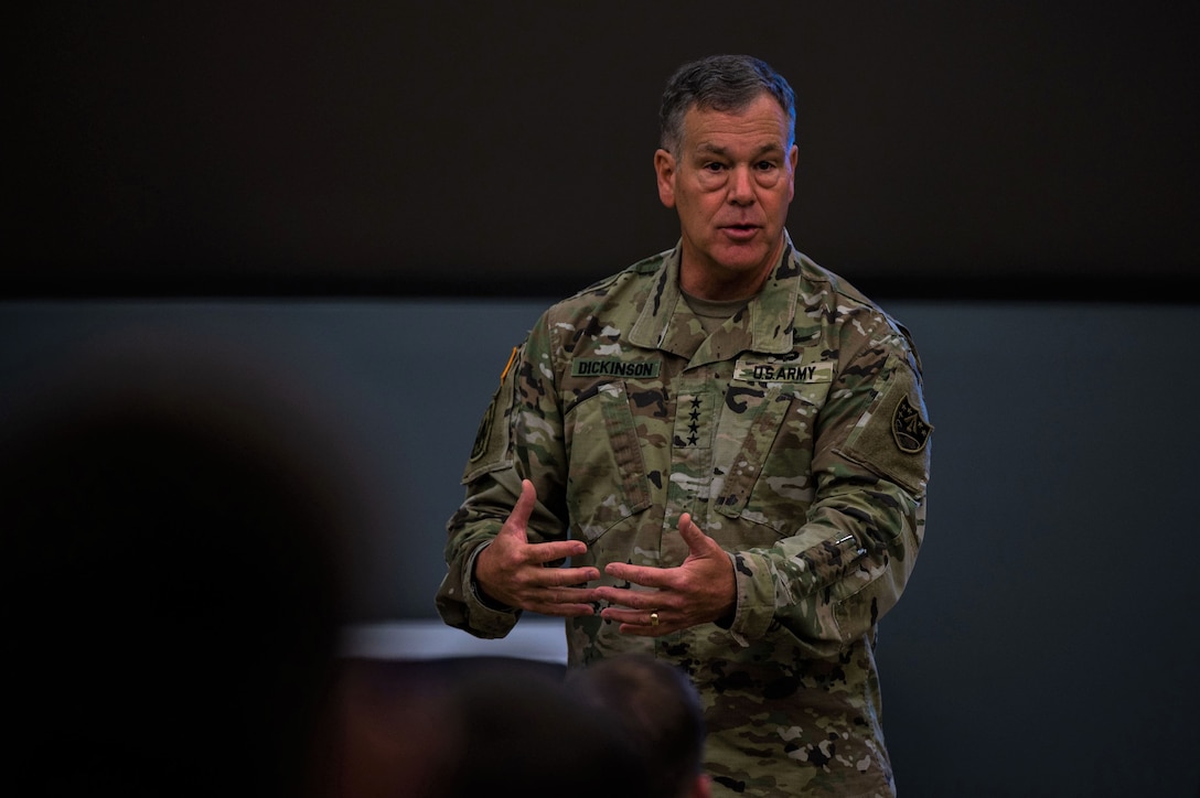 U.S. Army Gen. James Dickinson, United States Space Command (USSPACECOM) commander, speaks to members of the 533rd Training Squadron (533 TRS) at the Space Delta 1 auditorium on Vandenberg Space Force Base, Calif., Jan. 5, 2023. The 533 TRS provides the technical training for space operators going into the U.S. Space Force and is a pipeline into three Space Force Warfighter areas of expertise – Orbital Warfare, Space Battle Management and Electronic Warfare. USSPACECOM conducts operations in, from, and to space to deter conflict, and if necessary, defeat aggression, deliver space combat power for the Joint and Combined force, and defend U.S. vital interests with allies and partners. (U.S. Space Force photo by Tech. Sgt. Luke Kitterman)