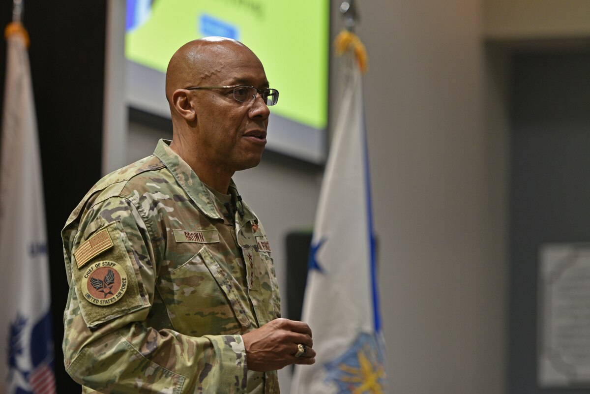U.S. Air Force Chief of Staff Gen. CQ Brown Jr. speaks during an all-call at the Powell Event Center, Goodfellow Air Force Base, Texas, Dec. 12, 2022. The all-call allowed members of the 17th TRW to connect with Brown through an open question and answer session. (U.S. Air Force photo by Senior Airman Ashley Thrash)