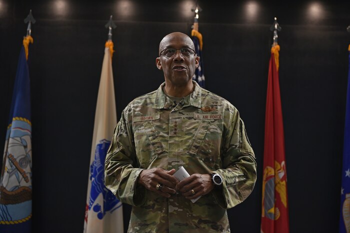 U.S. Air Force Chief of Staff Gen. CQ Brown Jr. engaged with the 17th Training Wing during an all-call at the Powell Event Center, Goodfellow Air Force Base, Texas, Dec. 12, 2022. During the all-call, Brown addressed the National Defense Strategy, agile combat employment, multi-capable Airmen, and the spectrum of resiliency. (U.S. Air Force photo by Senior Airman Ashley Thrash)