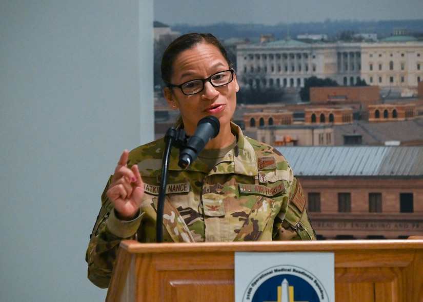 Col. Stefanie Watkins Nance, 316th Operational Medical Readiness Squadron commander, speaks during a ribbon cutting ceremony to welcome a new chiropractic clinic to the 1st Helicopter Squadron at Joint Base Andrews, Md., Jan. 4, 2023.