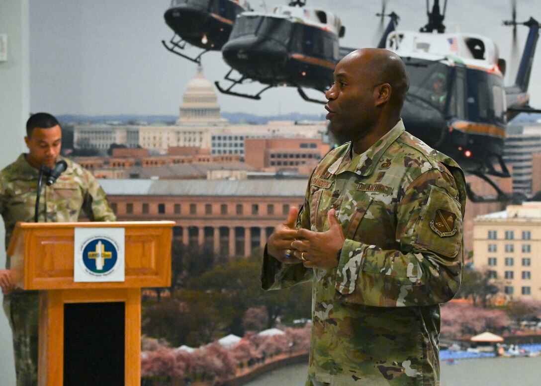 Col. Todd E. Randolph, 316th Wing and installation commander, speaks during a ribbon cutting ceremony to welcome a new chiropractic clinic to the 1st Helicopter Squadron at Joint Base Andrews, Md., Jan. 4, 2023.