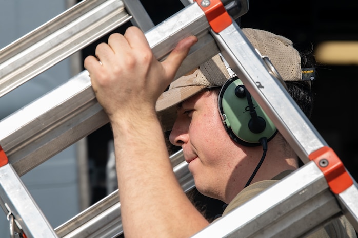 An Airman inspects a C-17 Globemaster III