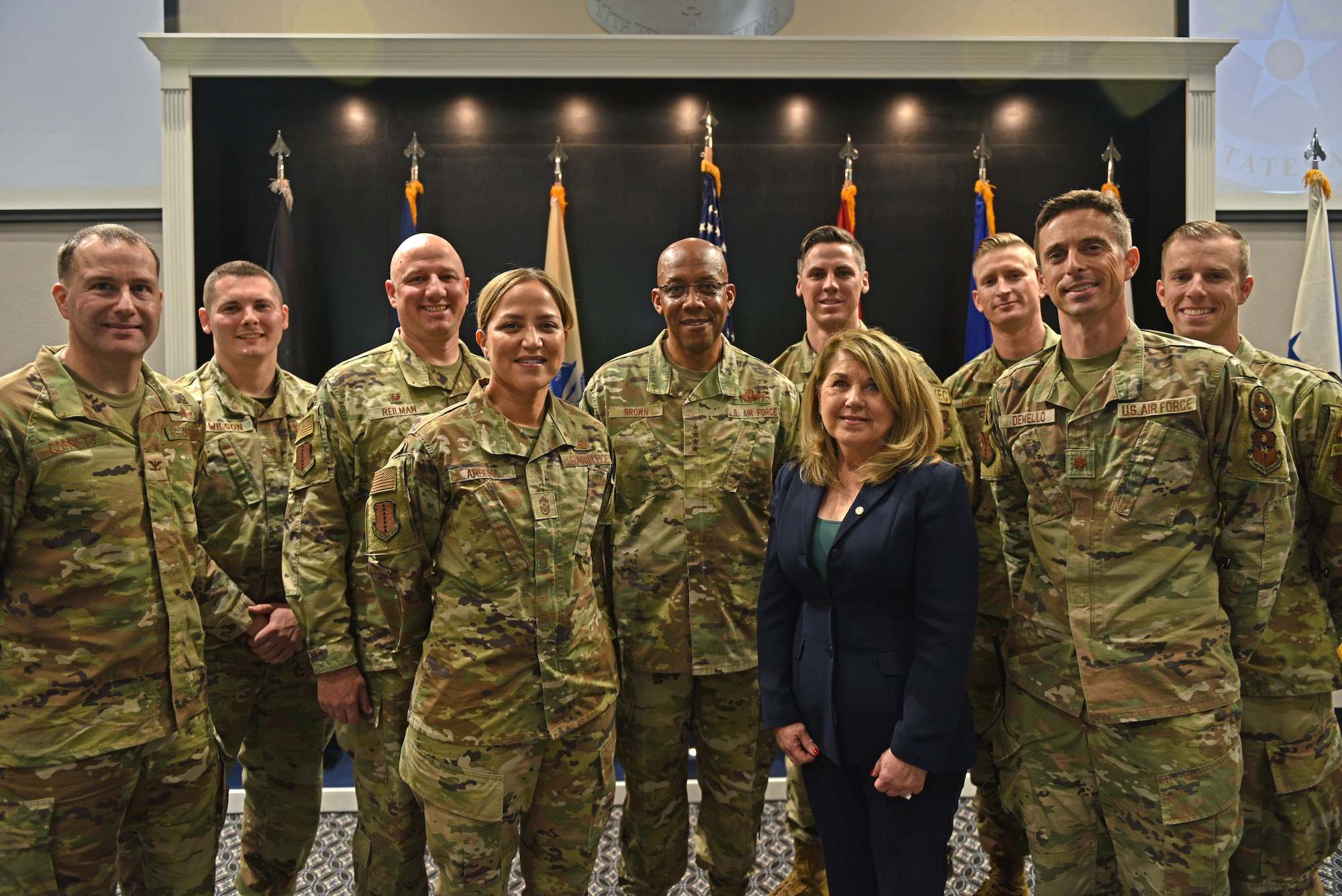 U.S. Air Force Chief of Staff Gen. CQ Brown Jr. poses with the 17th Training Wing command team at the Powell Event Center, Goodfellow Air Force Base, Texas, Dec. 12, 2022. The command team welcomed Brown to discuss the impact of community engagements on the future of the 17th TRW. (U.S. Air Force photo by Senior Airman Ashley Thrash)