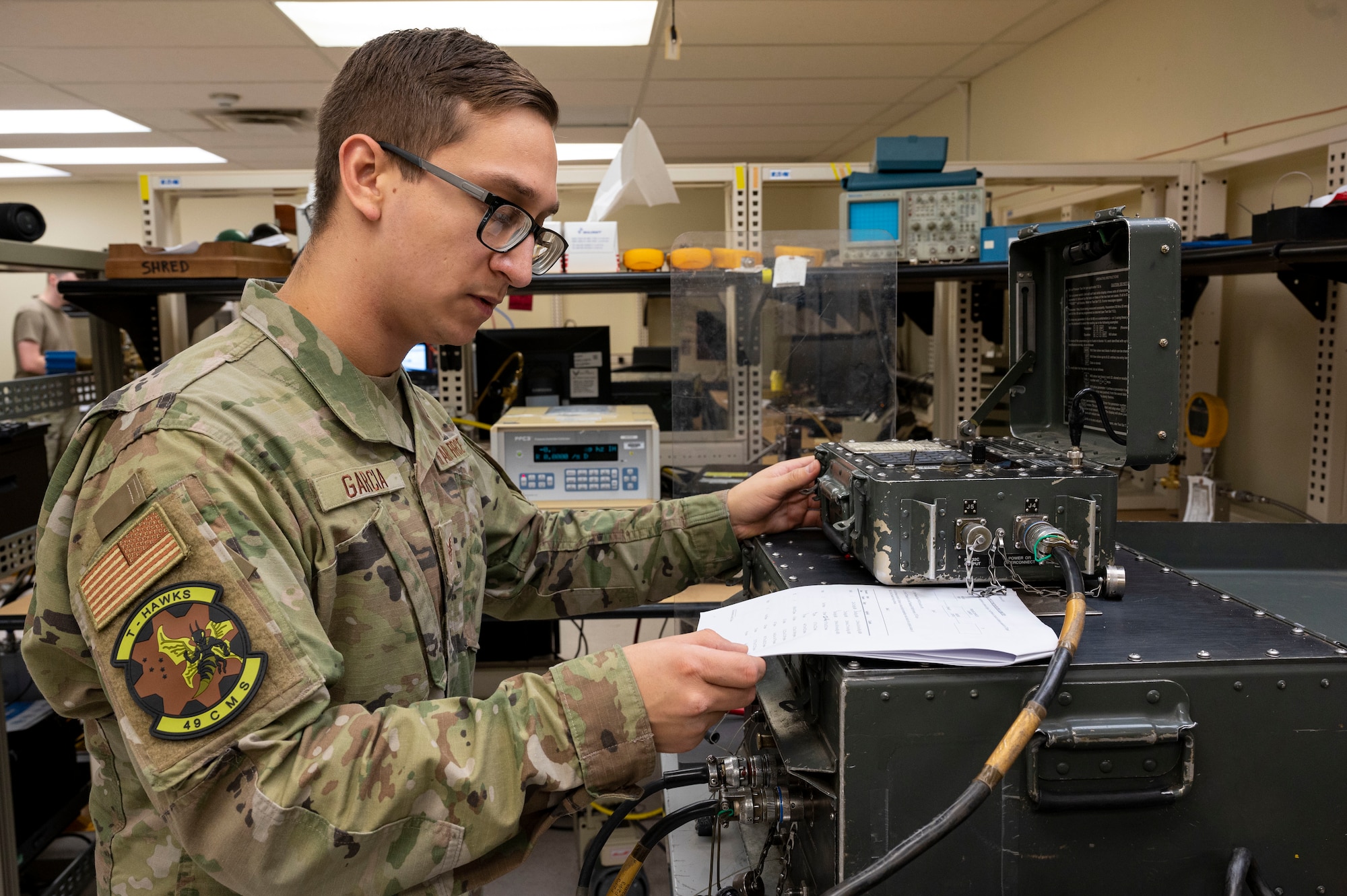U.S. Air Force Staff Sgt. Tony Garcia, 49th Component Maintenance Squadron physical dimensional supervisor, uses a pressure test set at Holloman Air Force Base, New Mexico, Jan. 6, 2023.