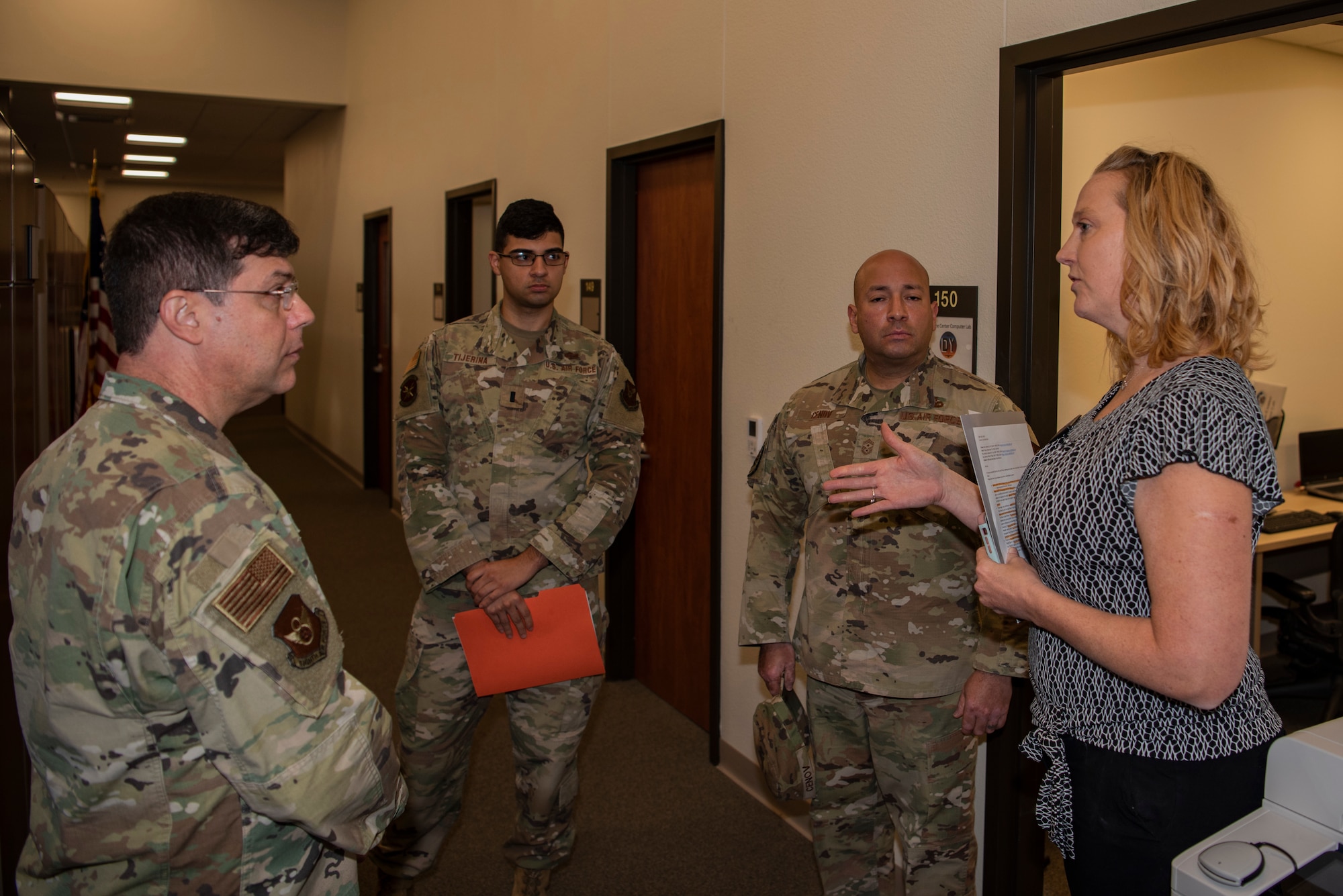 Maj. Gen. Andrew Gebara, 8th Air Force and Joint-Global Strike Operations Center commander, and Chief Master Sgt. Steve Cenov, 8th AF command chief and J-GSOC senior enlisted leader, tours the Dyess Welcome Center at Dyess Air Force Base, Texas, Jan. 6, 2023. The 8th AF command team used the visit as an opportunity to discuss the importance of Striker Airmen and the role they play in support of strategic deterrence and the global strike mission. (U.S. Air Force photo by Airman 1st Class Ryan Hayman)