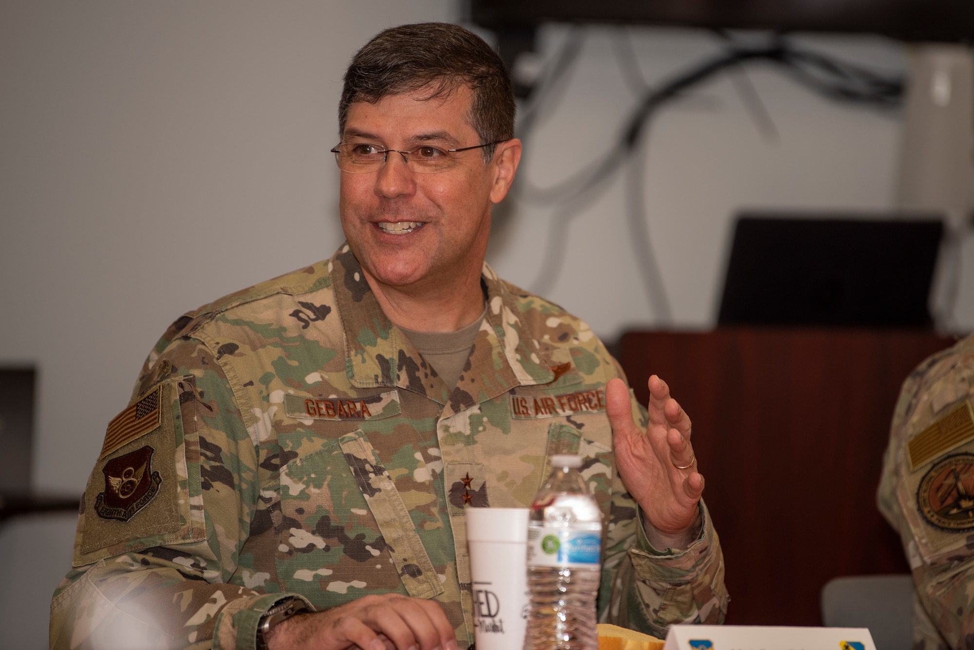 Maj. Gen. Andrew Gebara, 8th Air Force and Joint-Global Strike Operations Center commander, speaks to a group of Company Grade Officers during a luncheon at Dyess Air Force Base, Texas, Jan. 6, 2023. The General took the opportunity to get to know the CGO’s of Dyess on a more personal and professional level. (U.S. Air Force photo by Airman 1st Class Ryan Hayman)