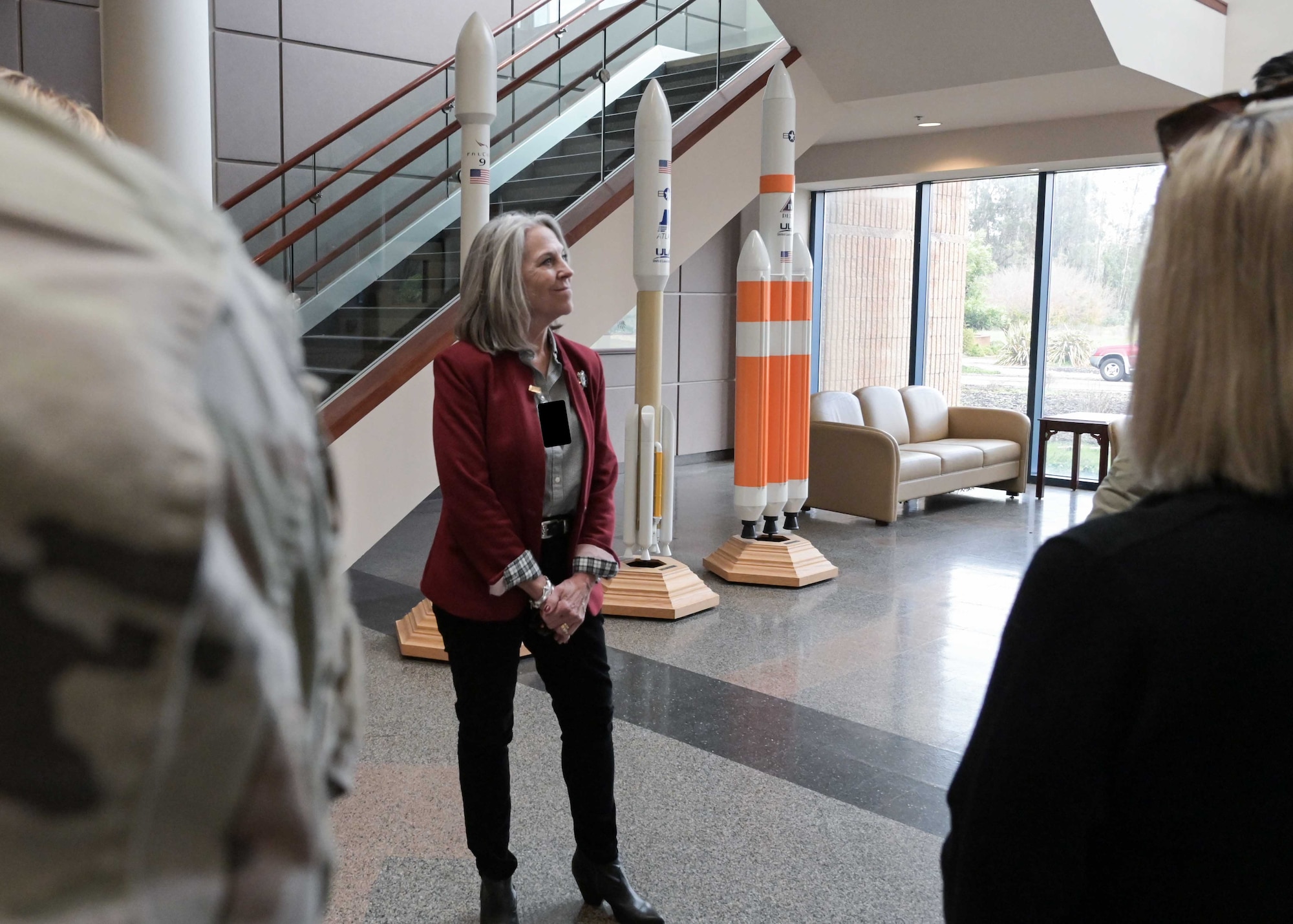 Angie Dickinson, spouse of U.S. Army Gen. James Dickinson, United States Space Command commander, is briefed by the 2nd Range Operations Space Force Officers at Vandenberg space Force Base, Calif., Jan. 5, 2023. The brief and tour of the Western Range Operations Control Center to display Vandenberg’s commercial launch capabilities. (U.S. Space Force photo by Senior Airman Rocio Romo)