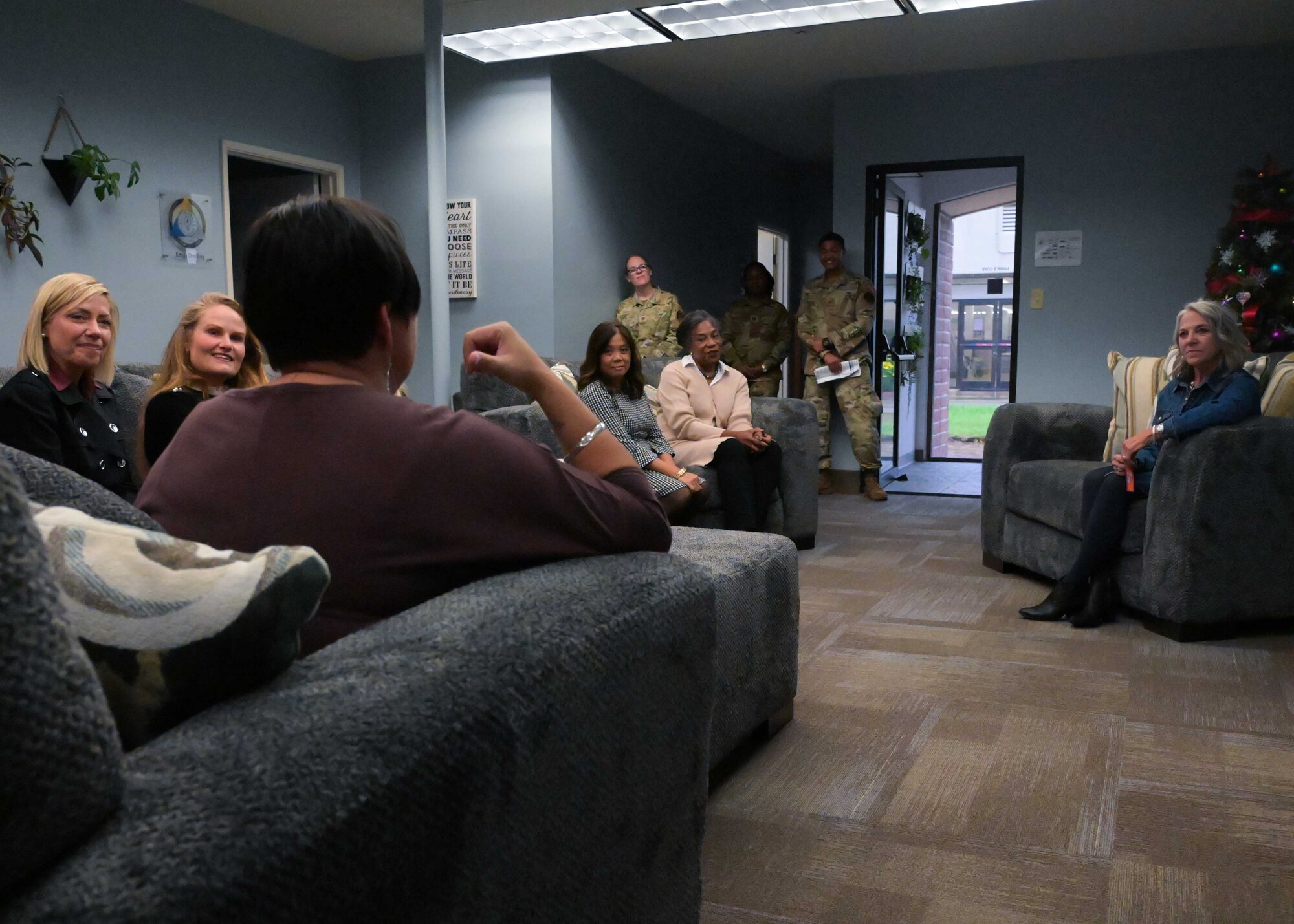 Angie Dickinson, spouse of U.S. Army Gen. James Dickinson, United States Space Command commander, is briefed by the Hawk’s Cove Integrated Resilience Operations Center staff at Vandenberg space Force Base, Calif., Jan. 4, 2023. The Hawk’s Cove is a program designed to help survivors of sexual assault, sexual harassment, domestic violence, and other harmful behaviors. (U.S. Space Force photo by Senior Airman Rocio Romo)