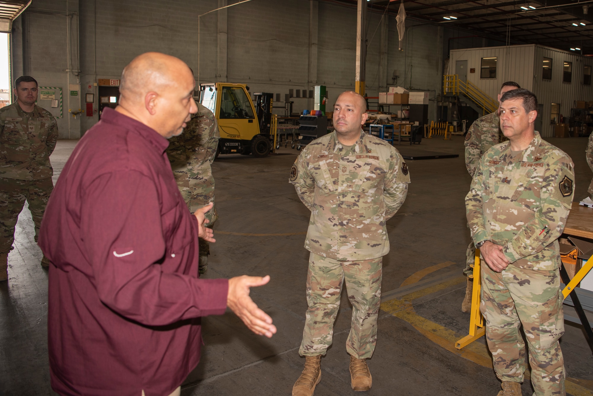 Maj. Gen. Andrew Gebara, 8th Air Force and Joint-Global Strike Operations Center commander, and Chief Master Sgt. Steve Cenov, 8th AF command chief and J-GSOC senior enlisted leader, tours the 7th Logistics Readiness Squadron at Dyess Air Force Base, Texas, Jan. 6, 2023. The 8th Air Force command team used the visit as an opportunity to discuss the importance of Striker Airmen and the role they play in support of strategic deterrence and the global strike mission. (U.S. Air Force photo by Airman 1st Class Ryan Hayman)
