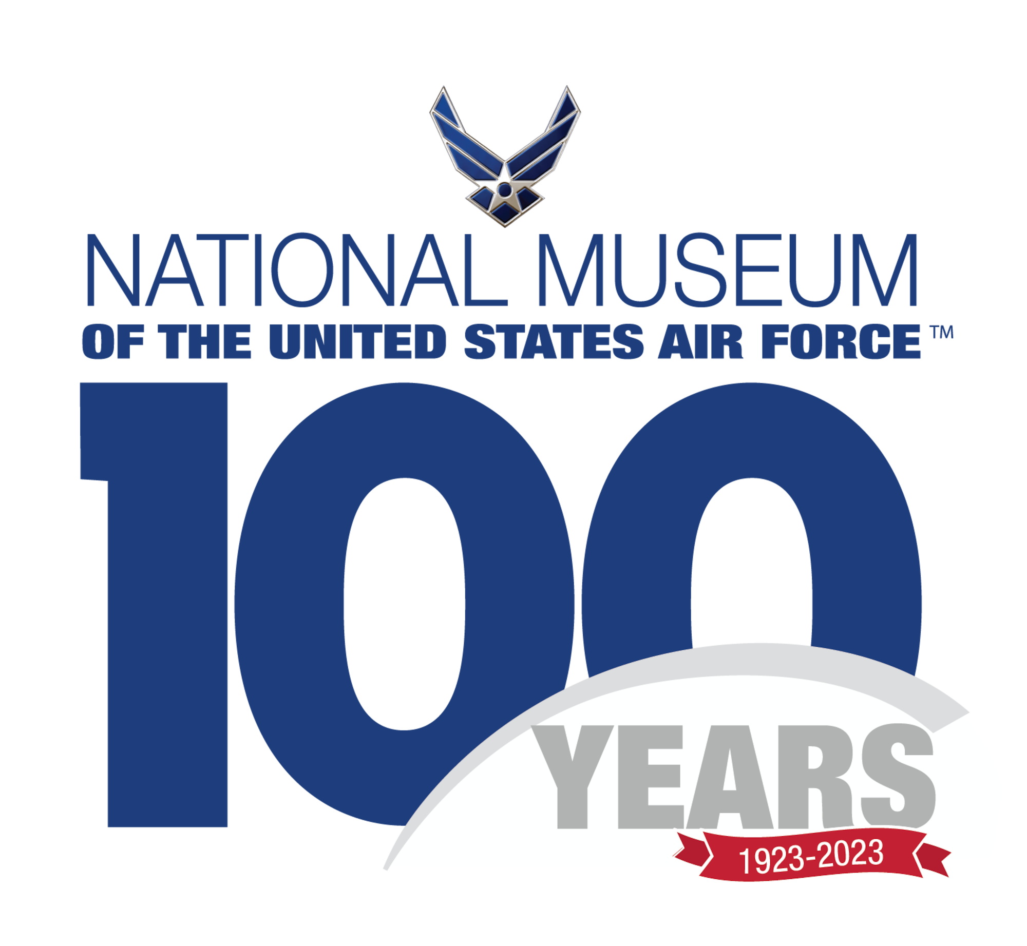 Image of the National Museum of the USAF logo with stylized AF wings with the number 100 below, and a banner saying 1923-2023.