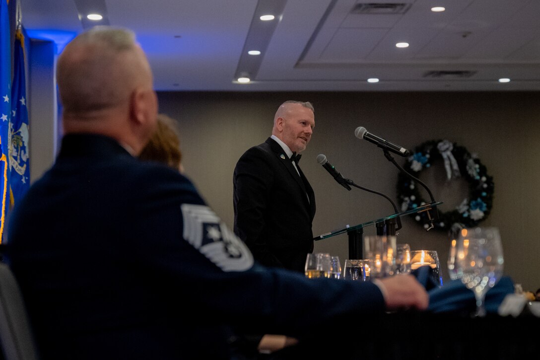 Retired SEAC #3 John Wayne Troxell speaks at the Niagara Falls Air Reserve Station Winter Gala Dec. 3, 2022 in Niagara Falls, N.Y.