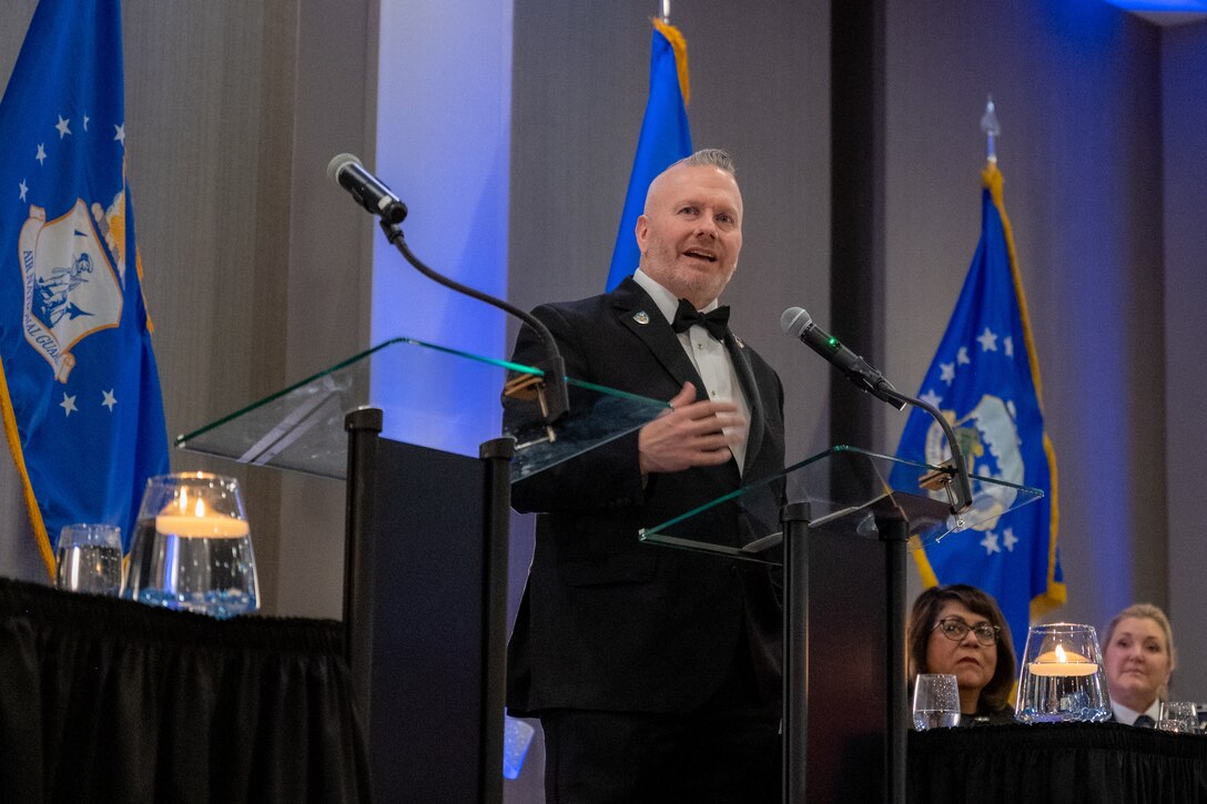 Retired SEAC #3 John Wayne Troxell speaks at the Niagara Falls Air Reserve Station Winter Gala Dec. 3, 2022 in Niagara Falls, N.Y.