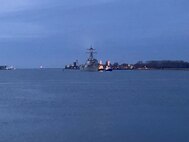 230107-N-NO901-1002 ROSTOCK, Germany (Jan. 7, 2023) The Arleigh Burke-class guided-missile destroyer USS Roosevelt (DDG 80) arrives in Rostock, Germany for a scheduled port visit, Jan. 7, 2023.  Roosevelt is on a scheduled deployment in the U.S. Naval Forces Europe area of operations, employed by U.S. Sixth Fleet to defend U.S., allied and partner interests. (U.S. State Department courtesy photo)