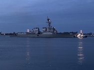230107-N-NO901-1001 ROSTOCK, Germany (Jan. 7, 2023) The Arleigh Burke-class guided-missile destroyer USS Roosevelt (DDG 80) arrives in Rostock, Germany for a scheduled port visit, Jan. 7, 2023.  Roosevelt is on a scheduled deployment in the U.S. Naval Forces Europe area of operations, employed by U.S. Sixth Fleet to defend U.S., allied and partner interests. (U.S. State Department courtesy photo)