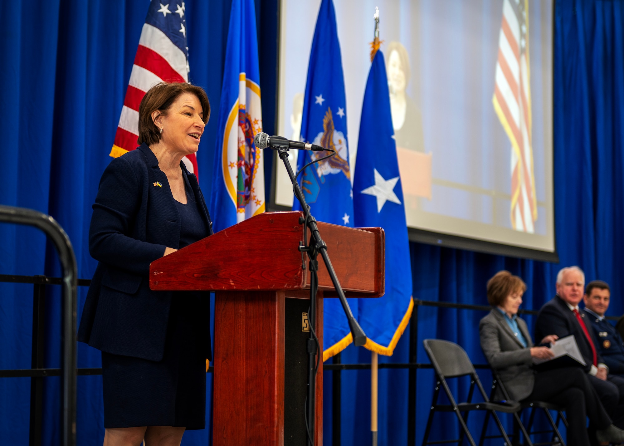 U.S. Sen. Amy Klobuchar, D-Minn., remarks on the accomplishments of the 133rd Airlift Wing’s Maj. Katie Lunning in St. Paul, Minn., Jan. 7, 2023.