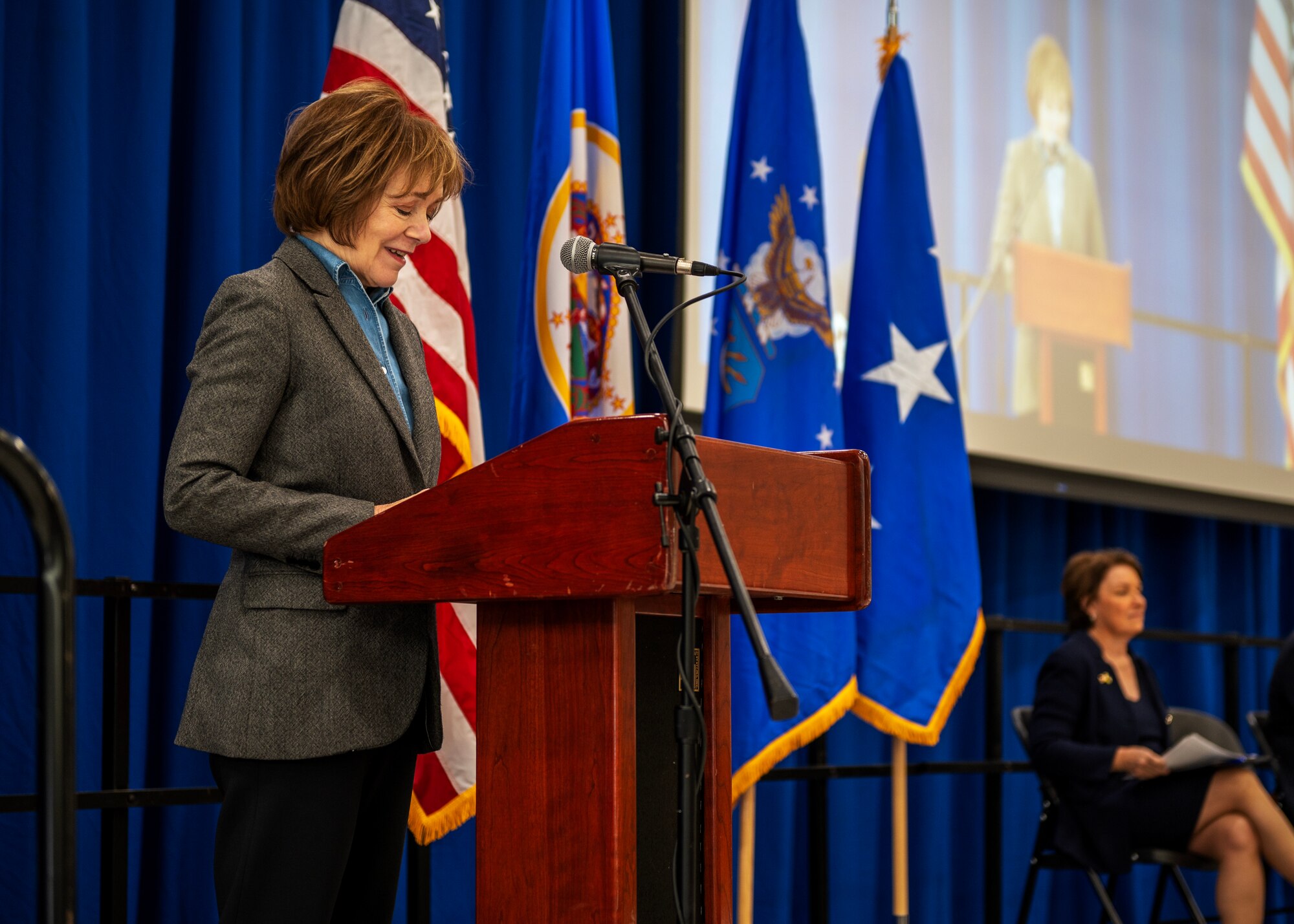 U.S. Sen. Tina Smith, D-Minn., remarks on the accomplishments of the 133rd Airlift Wing’s Maj. Katie Lunning in St. Paul, Minn., Jan. 7, 2023.