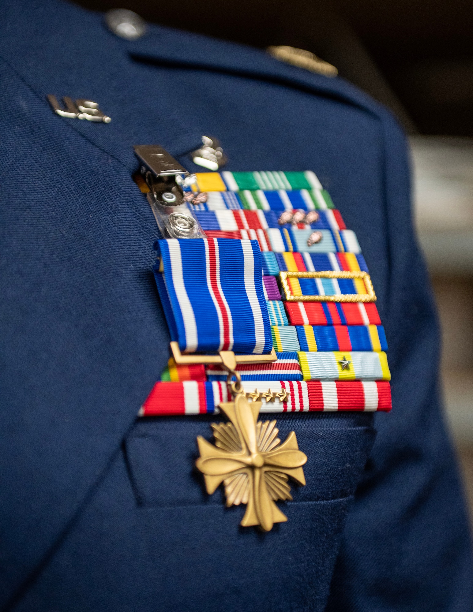 The Distinguished Flying Cross Decoration is displayed on the uniform of U.S. Air Force Maj. Katie Lunning, Jan. 7, 2023, St. Paul, Minn.