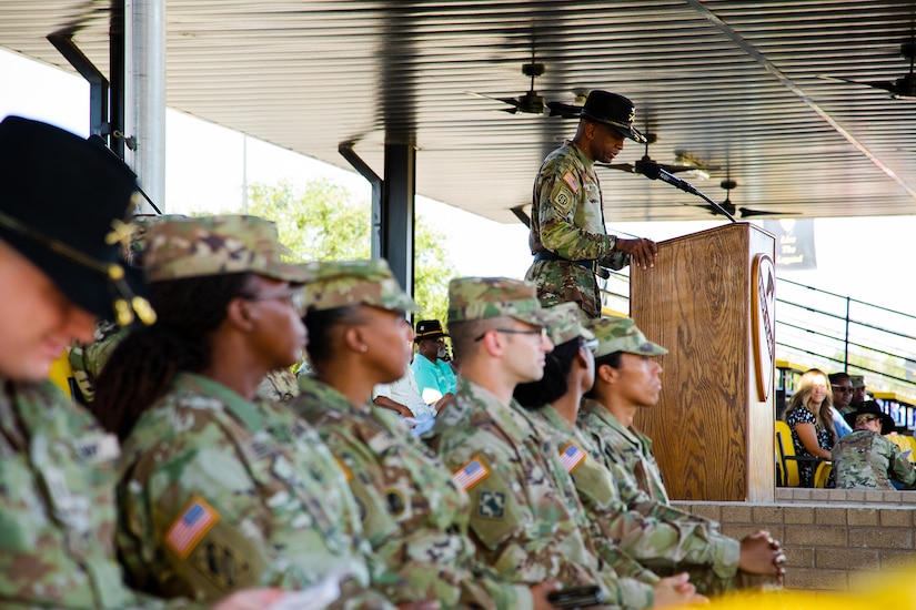 Col. Anthony L. Wilson Sr, commander, 1st Cavalry Division Sustainment Brigade Commander, welcomes the 15th Finance Battalion to the 1st Cavalry Division on August 17, 2022, at Fort Hood, TX. The activation ceremony is significant because the 15th Finance Battalion, originally called the 15th Finance Company, was assigned to the 1st Cavalry Division when it was first created on March 15, 1971, before it was redesignated.  (Photo by U.S. Army SGT Froylan Grimaldo, 1st Cavalry Division Public Affairs)