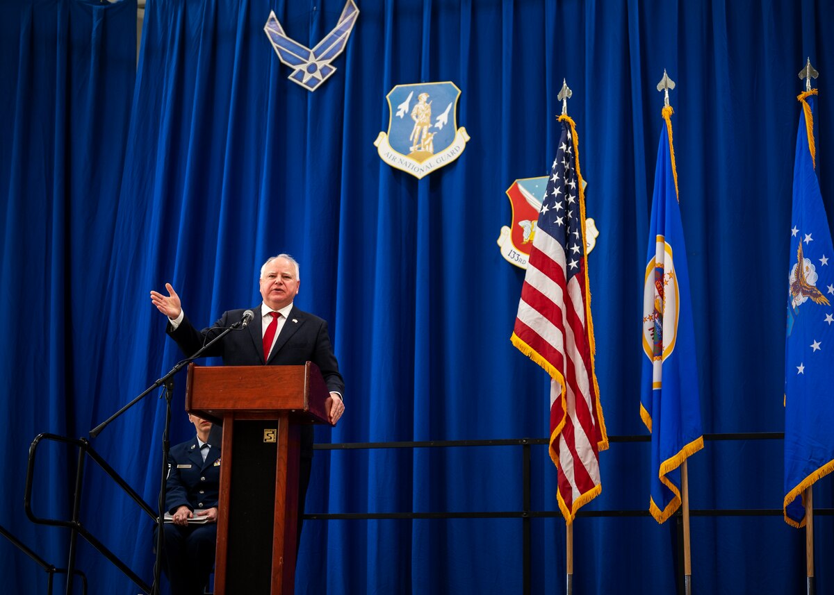 Minnesota Gov. Tim Walz remarks on the accomplishments of the 133rd Airlift Wing’s Maj. Katie Lunning in St. Paul, Minn., Jan. 7, 2023.