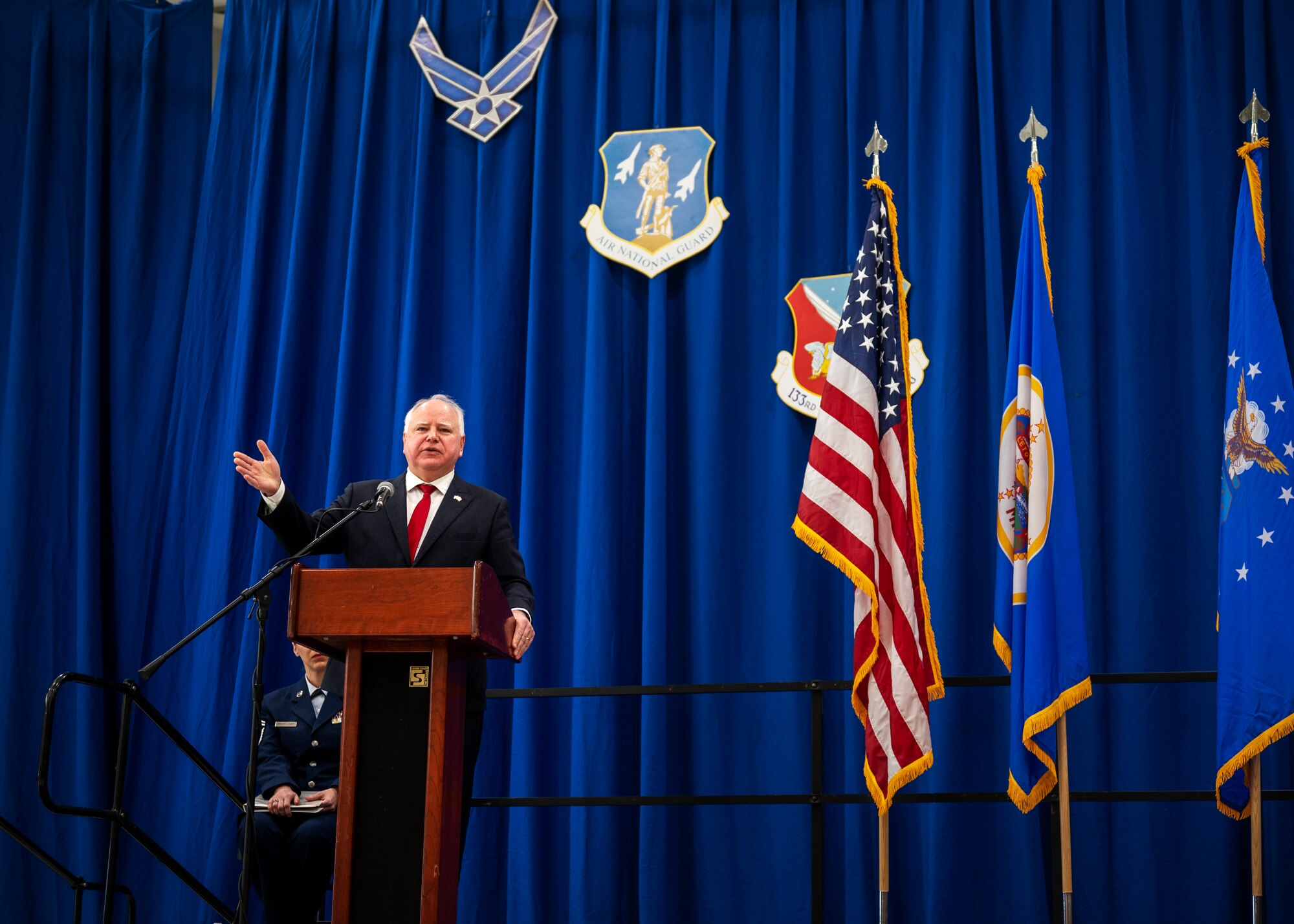 Minnesota Gov. Tim Walz remarks on the accomplishments of the 133rd Airlift Wing’s Maj. Katie Lunning in St. Paul, Minn., Jan. 7, 2023.