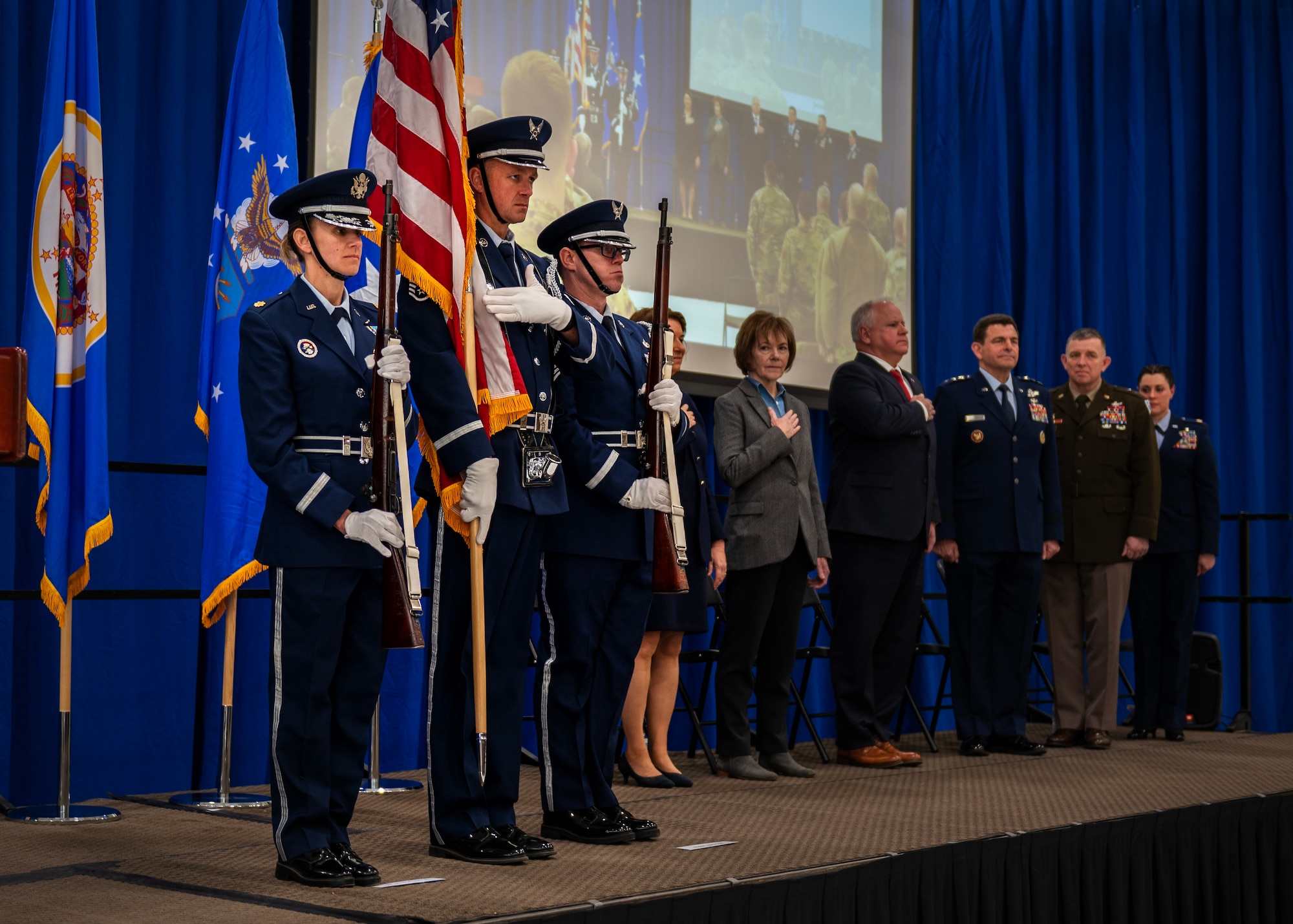 U.S. Air Force Airmen from the base Honor Guard post the colors during a Distinguished Flying Cross Decoration ceremony, Jan. 7, 2023, St. Paul, Minn.