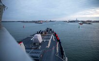 ROSTOCK, Germany (Jan. 7, 2023) The Arleigh Burke-class guided-missile destroyer USS Roosevelt (DDG 80) arrives in Rostock, Germany, for a scheduled port visit, Jan. 7, 2023. Roosevelt is on a scheduled deployment in the U.S. Naval Forces Europe area of operations, employed by U.S. Sixth Fleet to defend U.S., allied and partner interests. (U.S. Navy photo by Mass Communication Specialist 2nd Class Danielle Baker/Released)