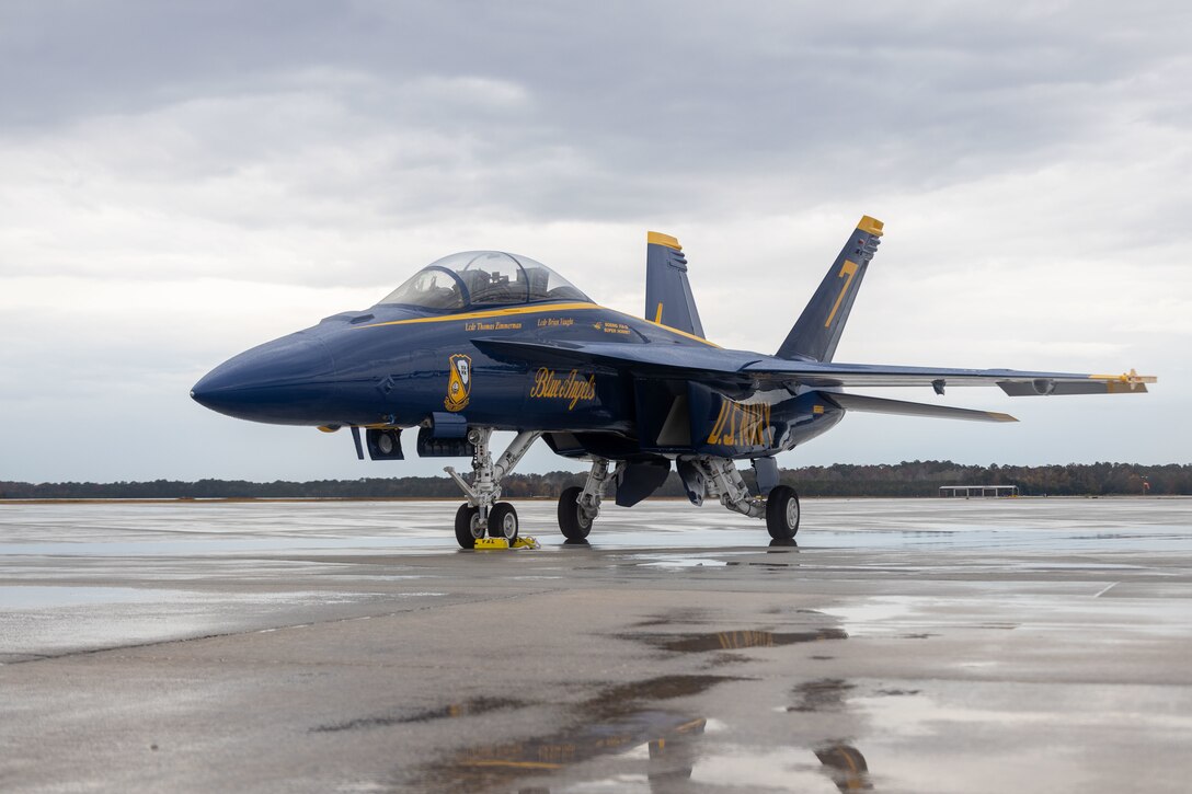 U.S. Navy Lt. Cmdr. Brian Vaught and Lt. Cmdr. Thomas Zimmerman, pilots for the U.S. Navy flight demonstration squadron, the Blue Angels, arrive at Marine Corps Air Station (MCAS) Beaufort in preparation for the upcoming show in April at MCAS Beaufort, South Carolina, Nov. 30, 2022. The mission of the Blue Angels is to showcase the teamwork and professionalism of the United States Navy and Marine Corps through flight demonstrations and community outreach while inspiring a culture of excellence and service to country. (U.S. Marine Corps photo by Lance Cpl. Nathan Saucier)