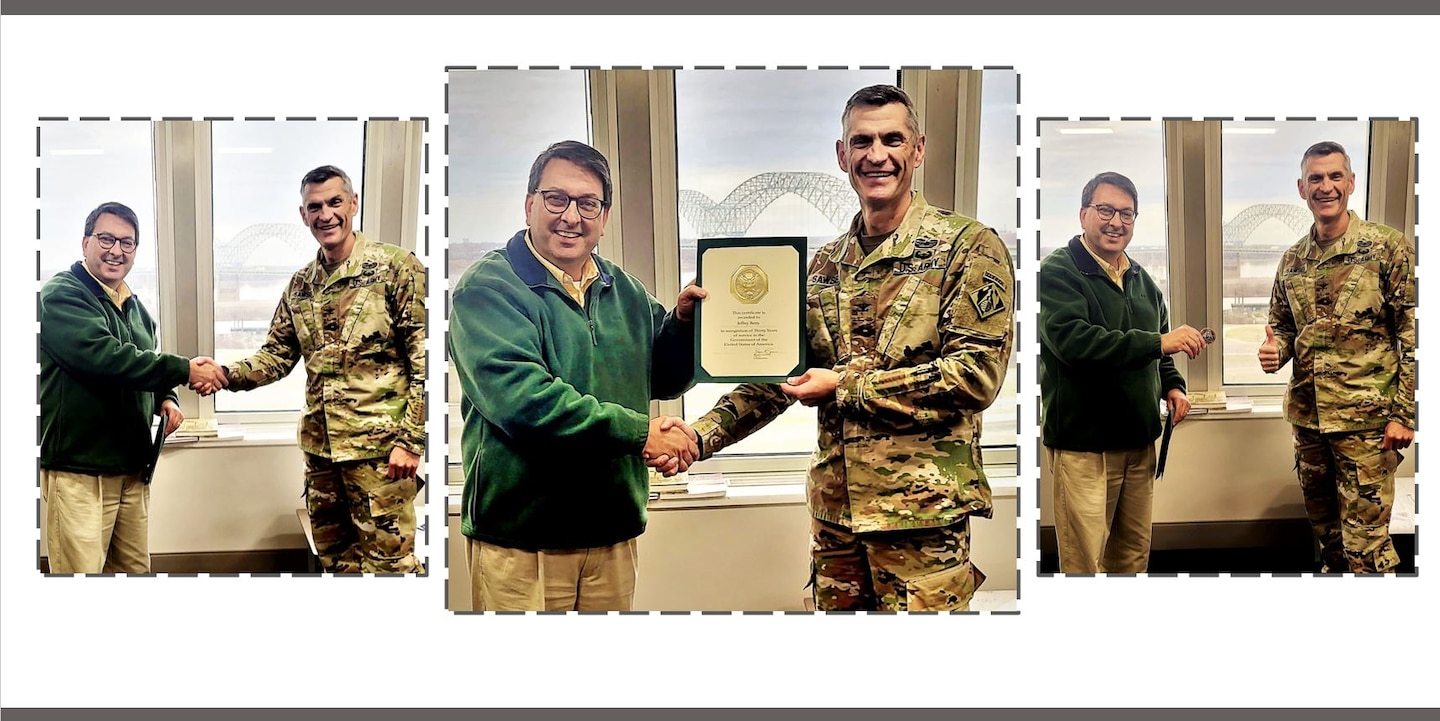 The holidays weren’t the only reason the district celebrated the end of 2022. Additionally, Memphis District Commander Col. Brian Sawser recognized, thanked, and presented a Commander’s Coin and a Length of Service Certificate to our Program Assistant Jeff Berry for his incredible 30+ years of federal service. 

Please help us say congratulations and thank you to Mr. Jeff Berry! We value and appreciate all you’ve done and continue to do for the District, the Mississippi Valley Division, and this great Nation! People like you are why the Memphis District Team is the best team there is, and we are lucky to have you!