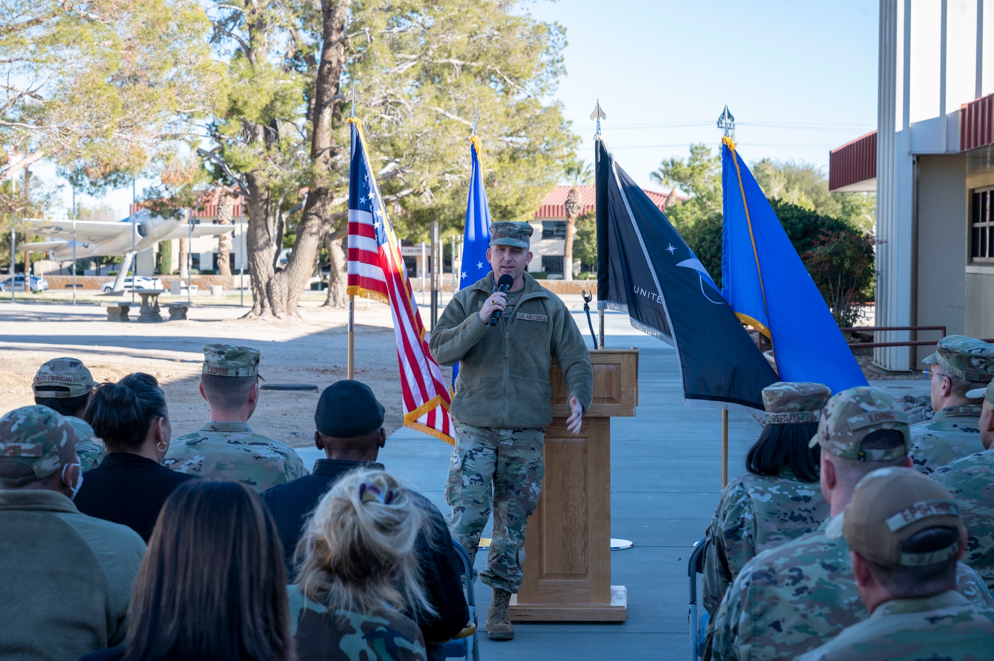 Brig. Gen. Matthew Higer, Commander, 412th Test Wing makes remarks during the new Helping Agencies facility ribbon cutting at Edwards Air Force Base, California, Jan. 6.